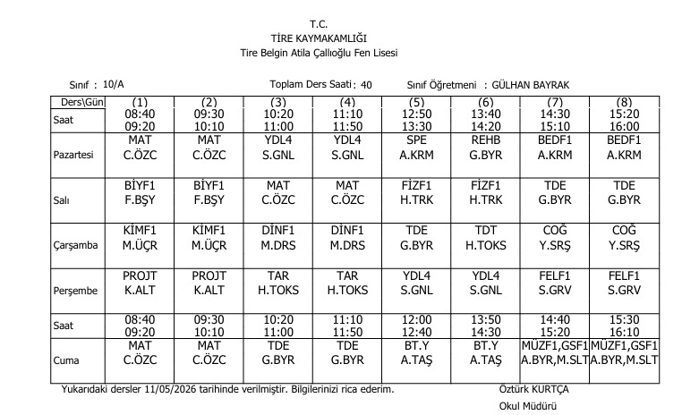 10/A Ders Programı