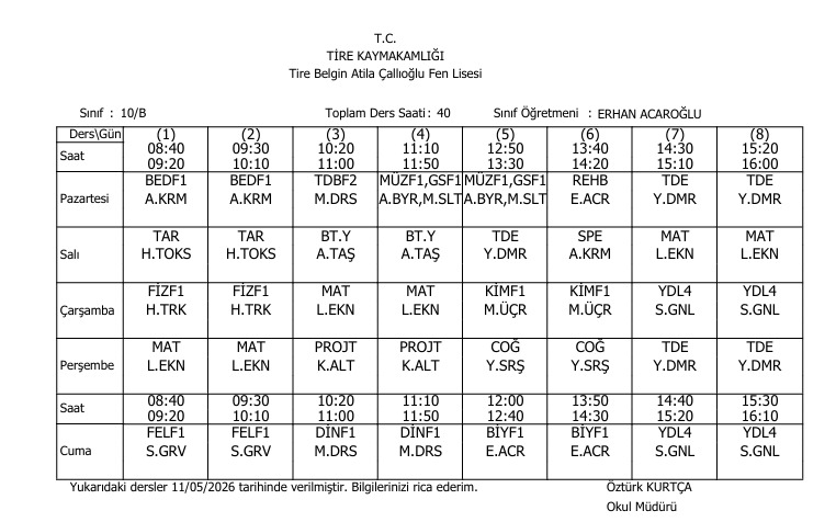 10/B Ders Programı