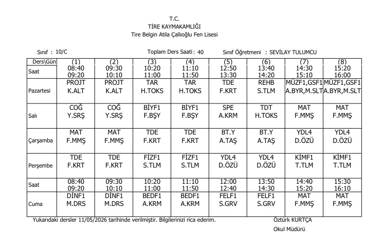 10/C Ders Programı