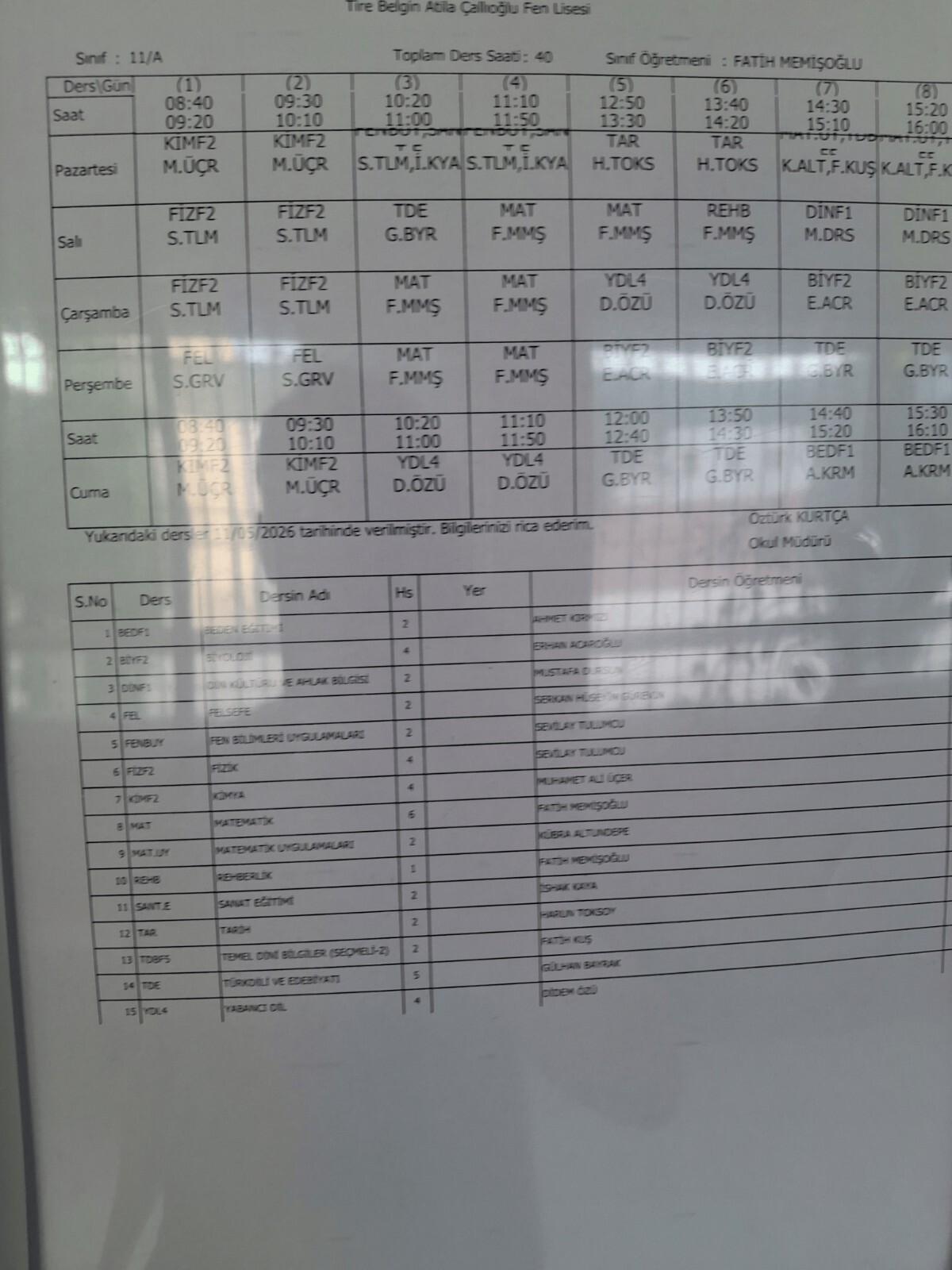 11/A Ders Programı