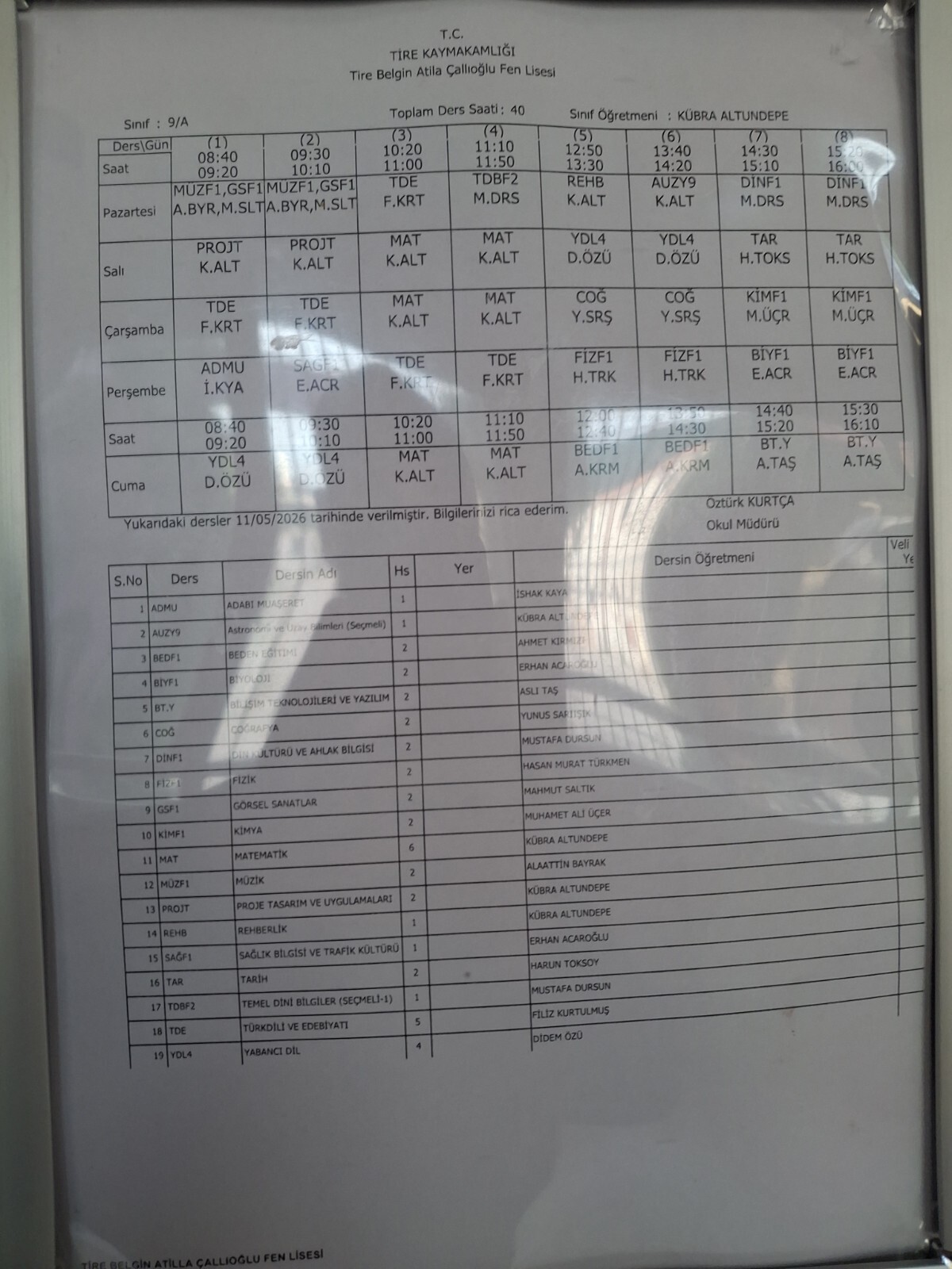 9/A Ders Programı