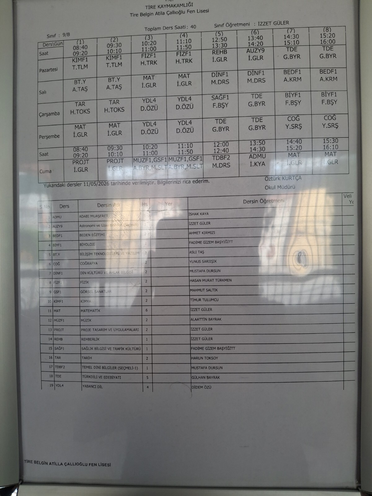 9/B Ders Programı